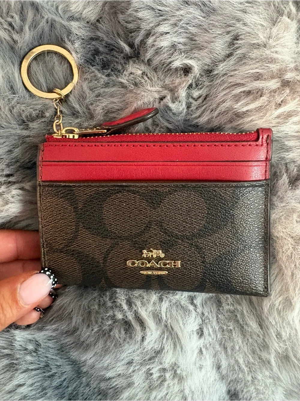 Coach Brown Signature Card Case with Red Trim and Gold Key Ring